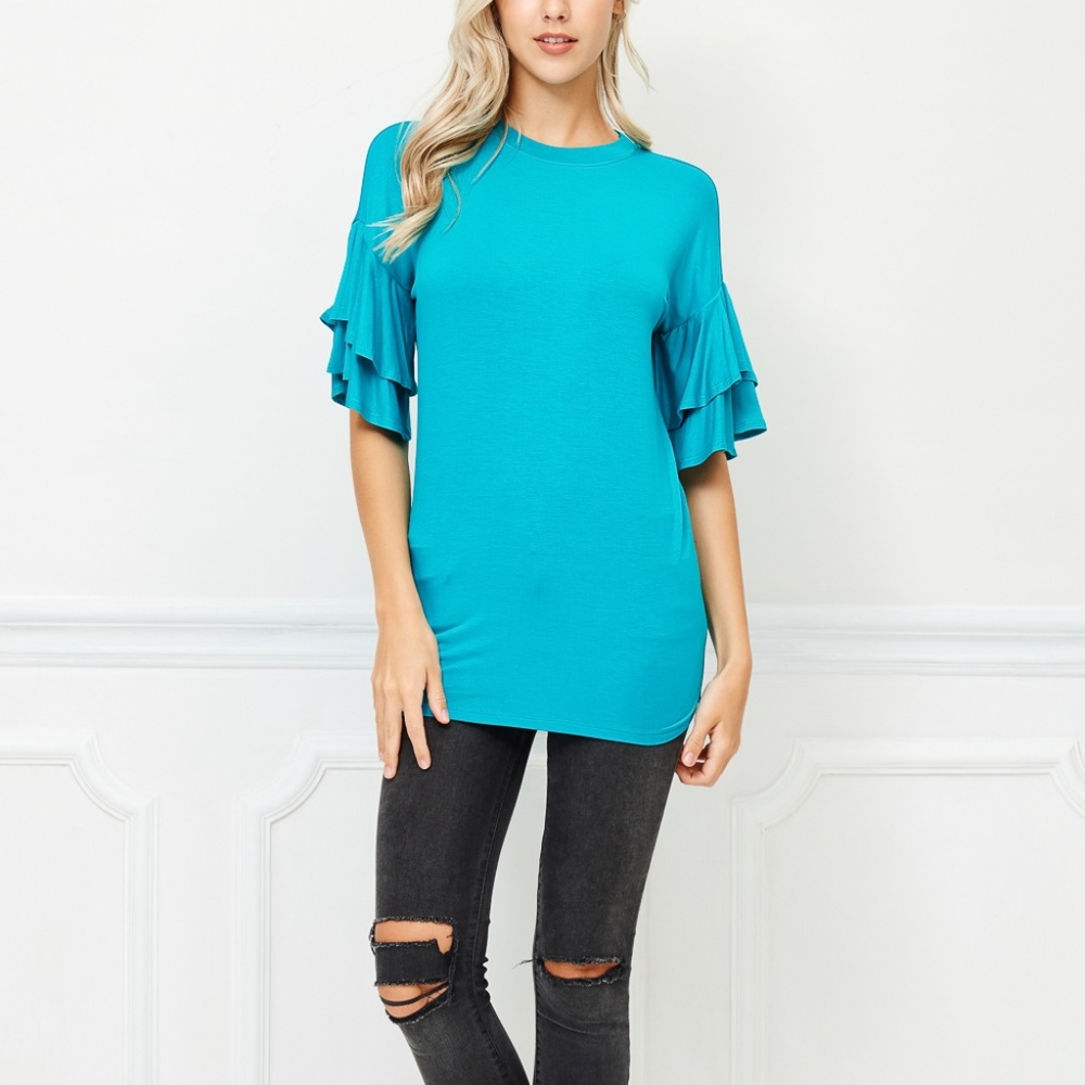 "ROUND NECK RUFFLE SLEEVE TOP" - Picture 2 of 6